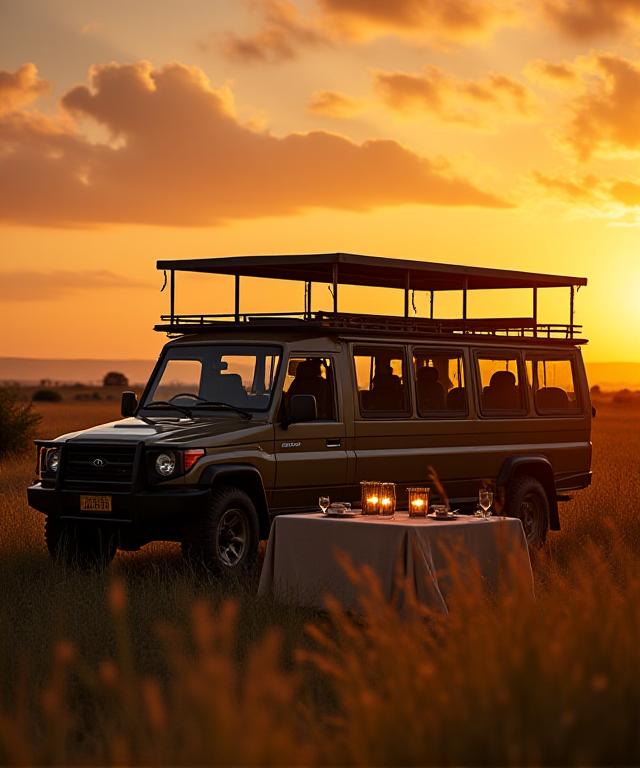 A luxury private safari setup at sunset