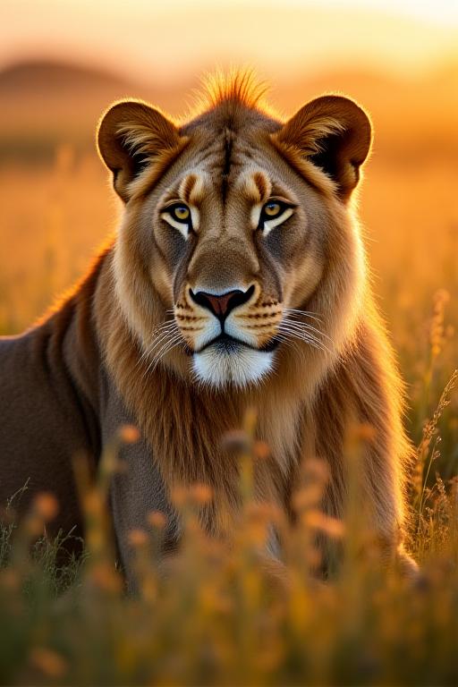 Close-up of a majestic lion in the golden hour sunlight